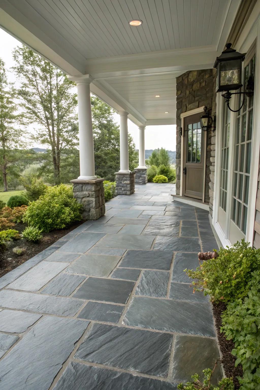 Slate flooring imparts a sophisticated, upscale ambiance to porches.