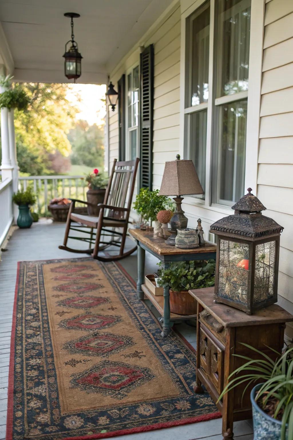 Vintage rugs bring unique character to your porch.
