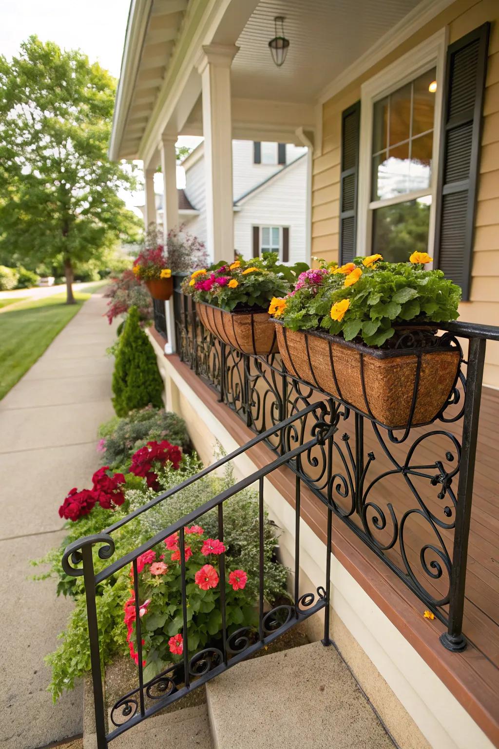 Plant boxes built into metal borders for added green.