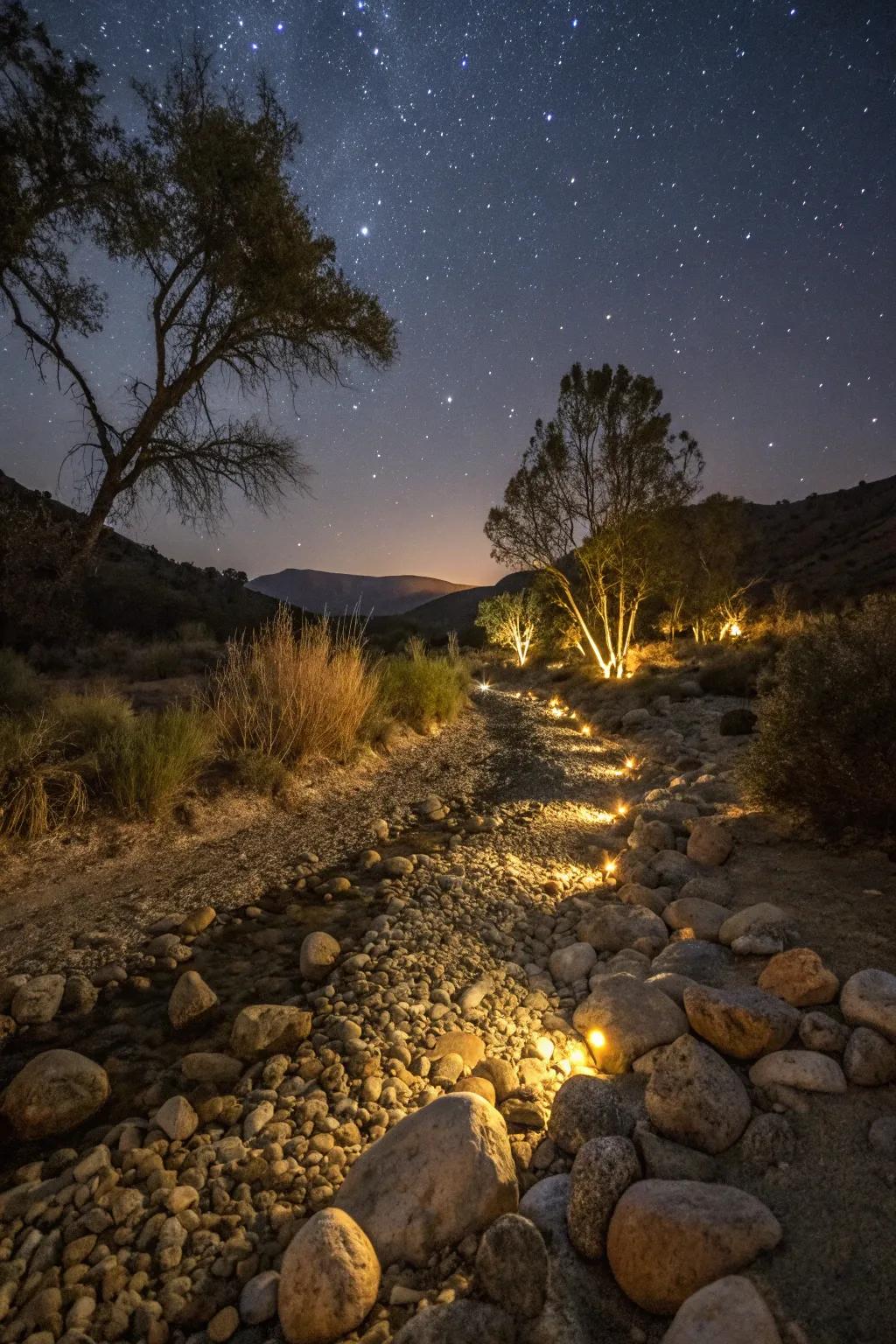 LED lights bring a enchanting shine to your dry streambed at night.