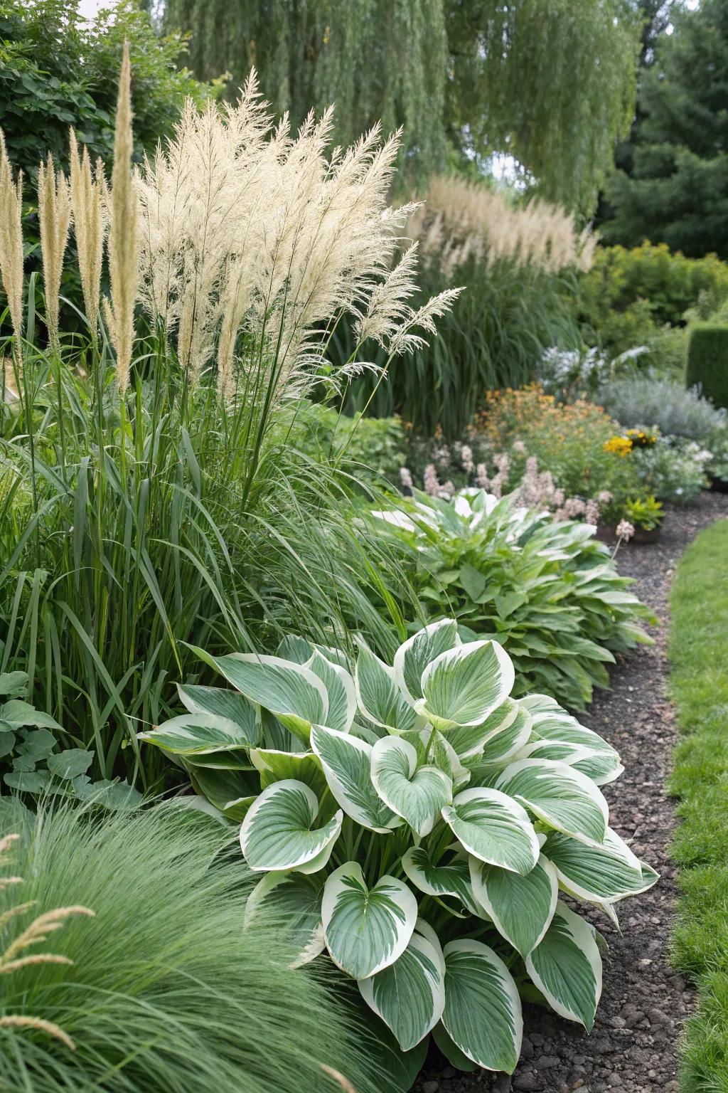 Hostas and elegant grasses generate a harmonious blend.