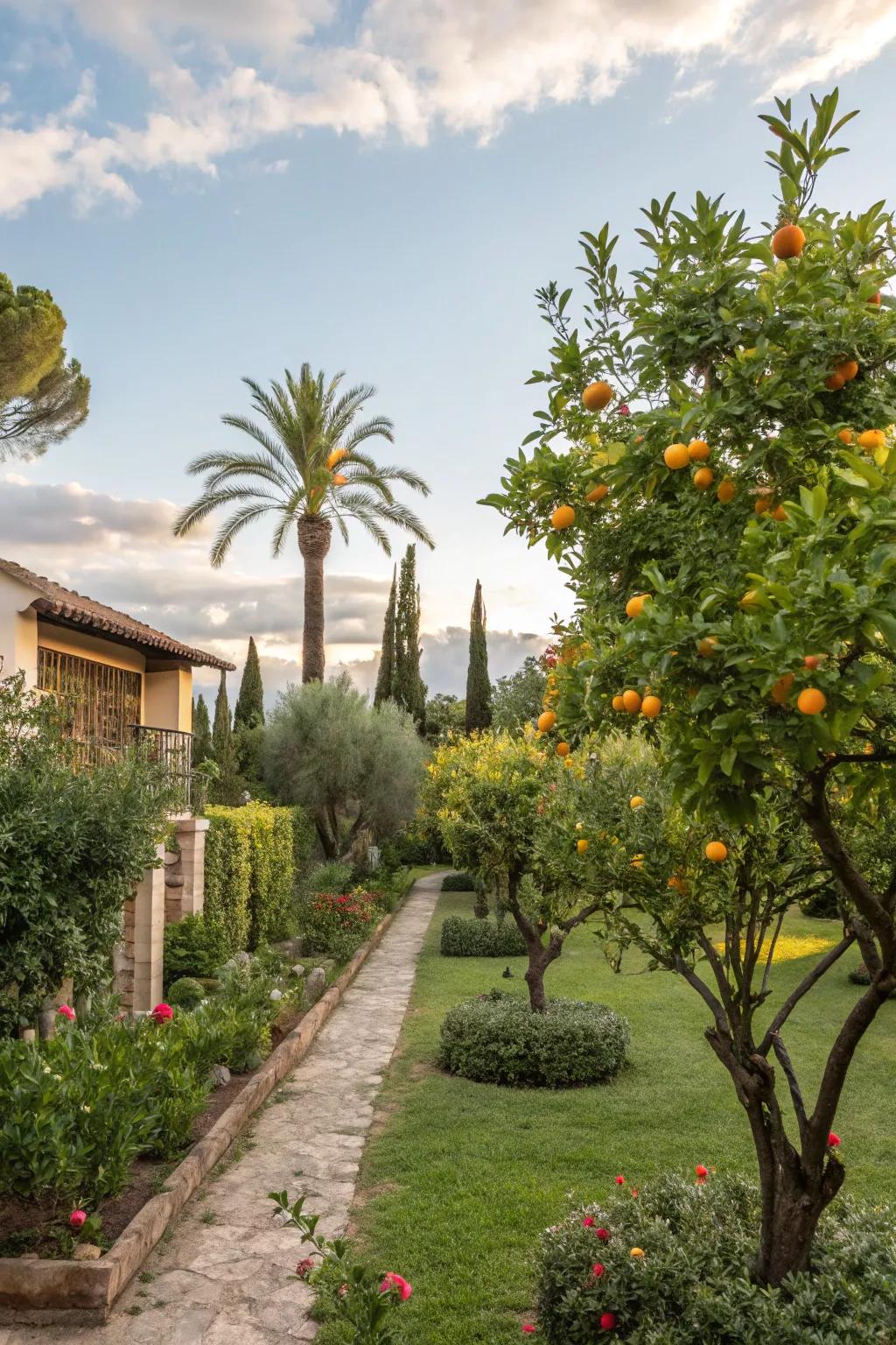 Fruit trees such as citrus and pomegranate add beauty and plenty to this landscape.