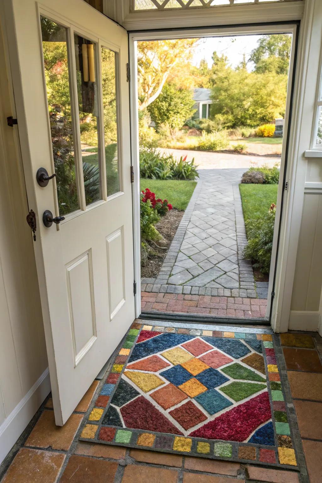 Mosaic paver mats offer a warm welcome.