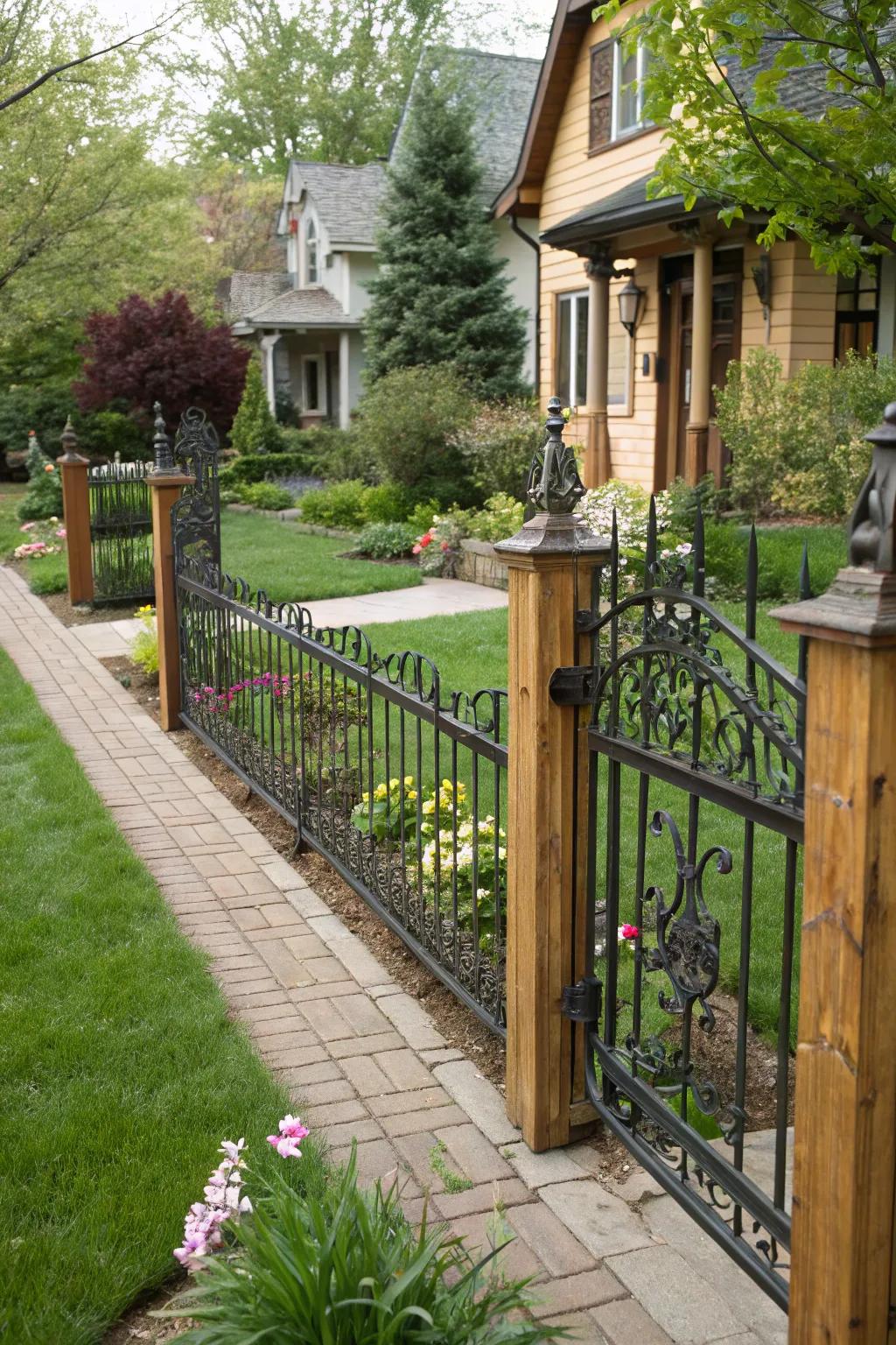 A decorative metal barrier combined with wooden elements for a natural feel.