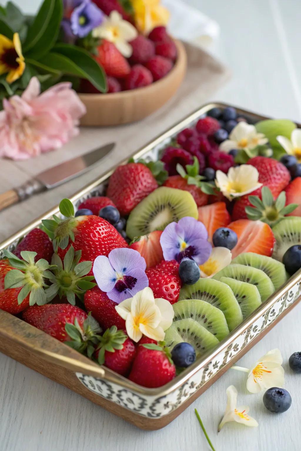 An outdoor celebration fruit arrangement with natural elegance.