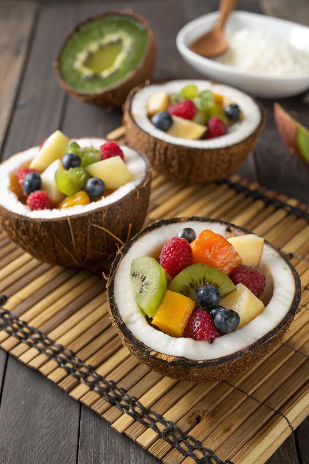 Coconut shell bowls provide a tropical and earth-friendly serving alternative.