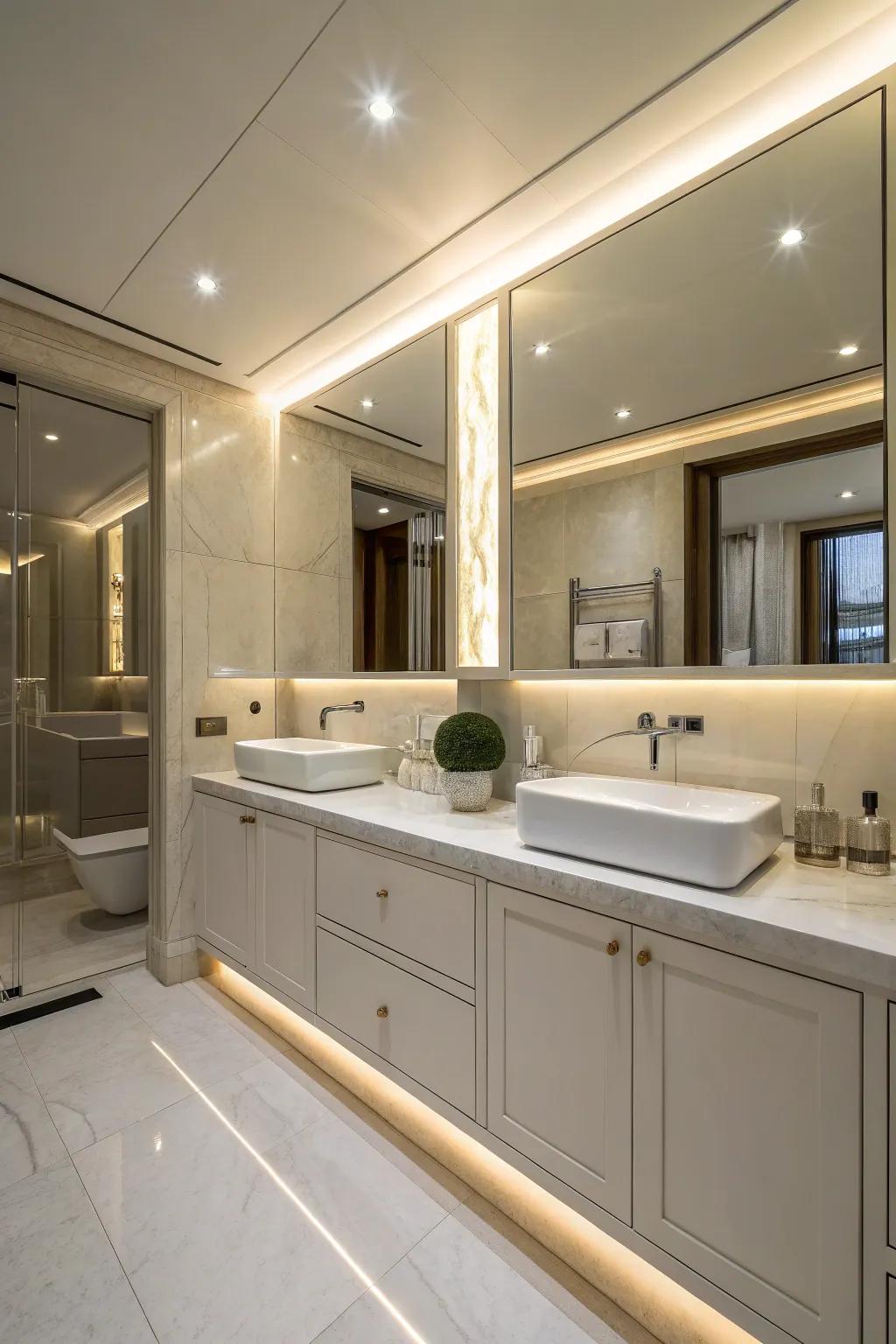 Hidden lighting creates a cozy, luxurious glow in the bathroom.