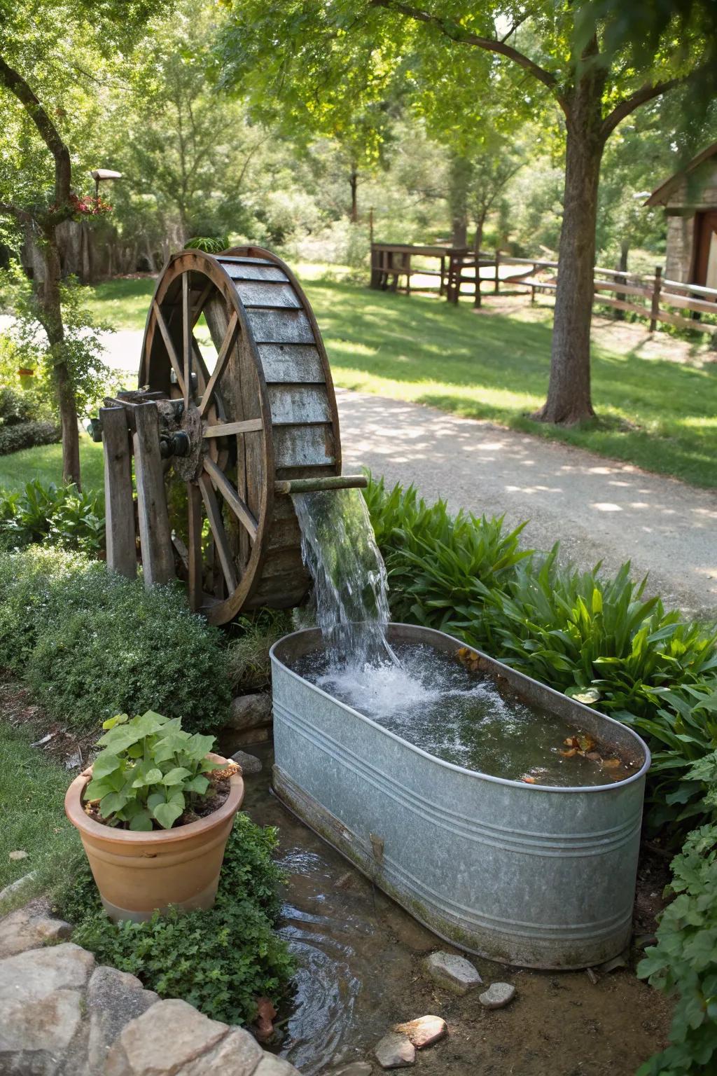 A petite water wheel introduces motion to a countryside basin fountain.