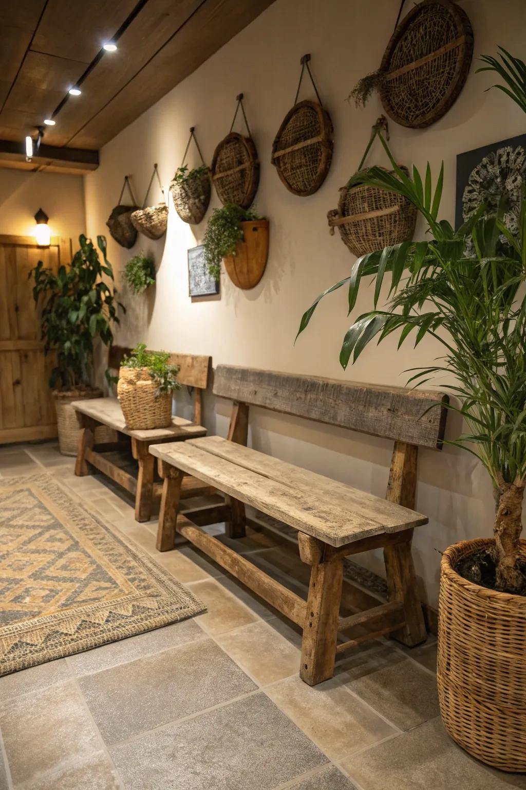Rustic wooden benches add a natural warmth to your game room.