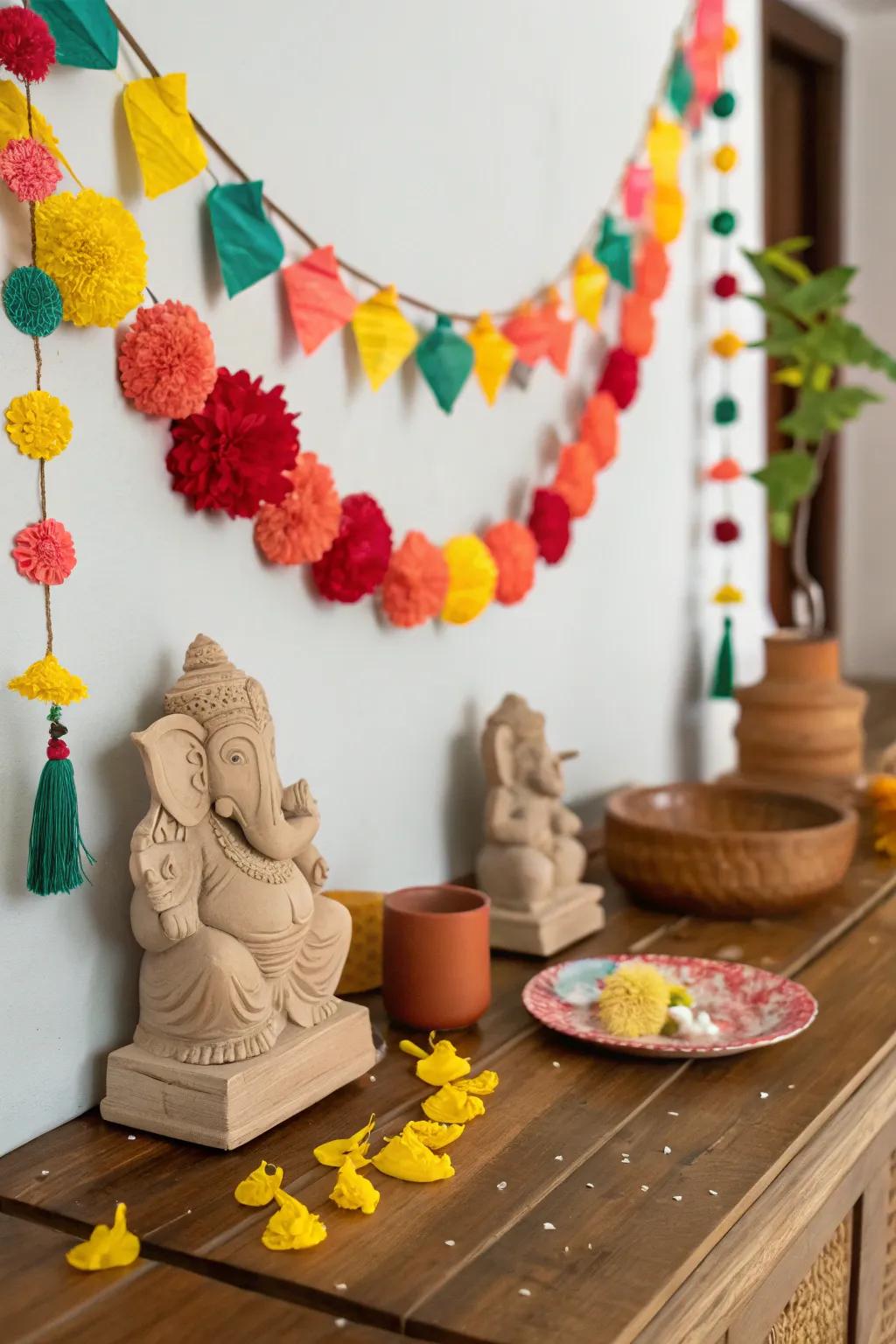 Personalized crafts such as paper strands and clay figures, perfect for family bonding during the festival.