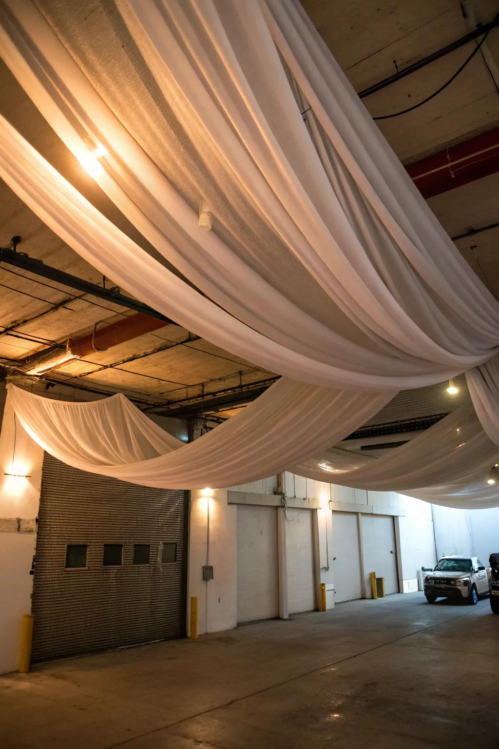 Fabric-hung ceilings add warmth and texture to your garage.