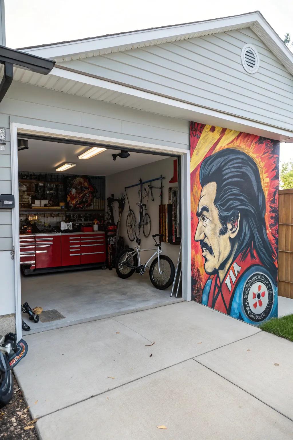 Custom wall art adds personality and liveliness to the garage space.