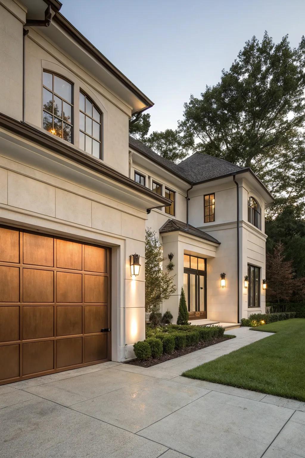 Elegant bronze garage doors introduce a luxurious and sophisticated hint.