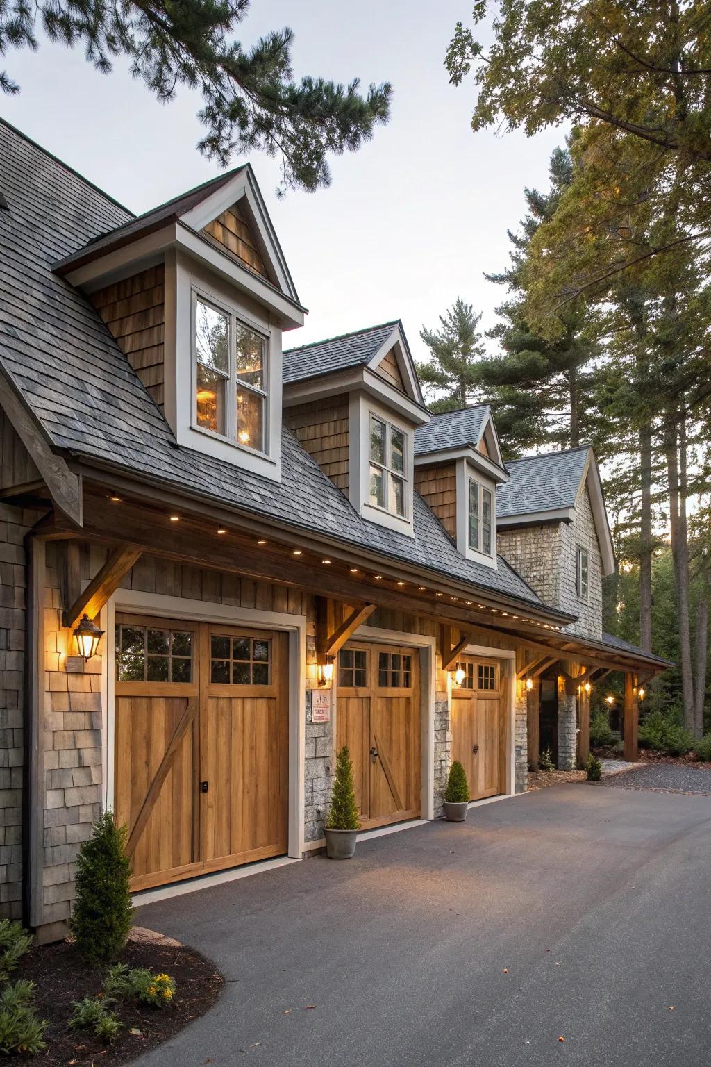 Rustic dormers add warmth and charm to garage design.