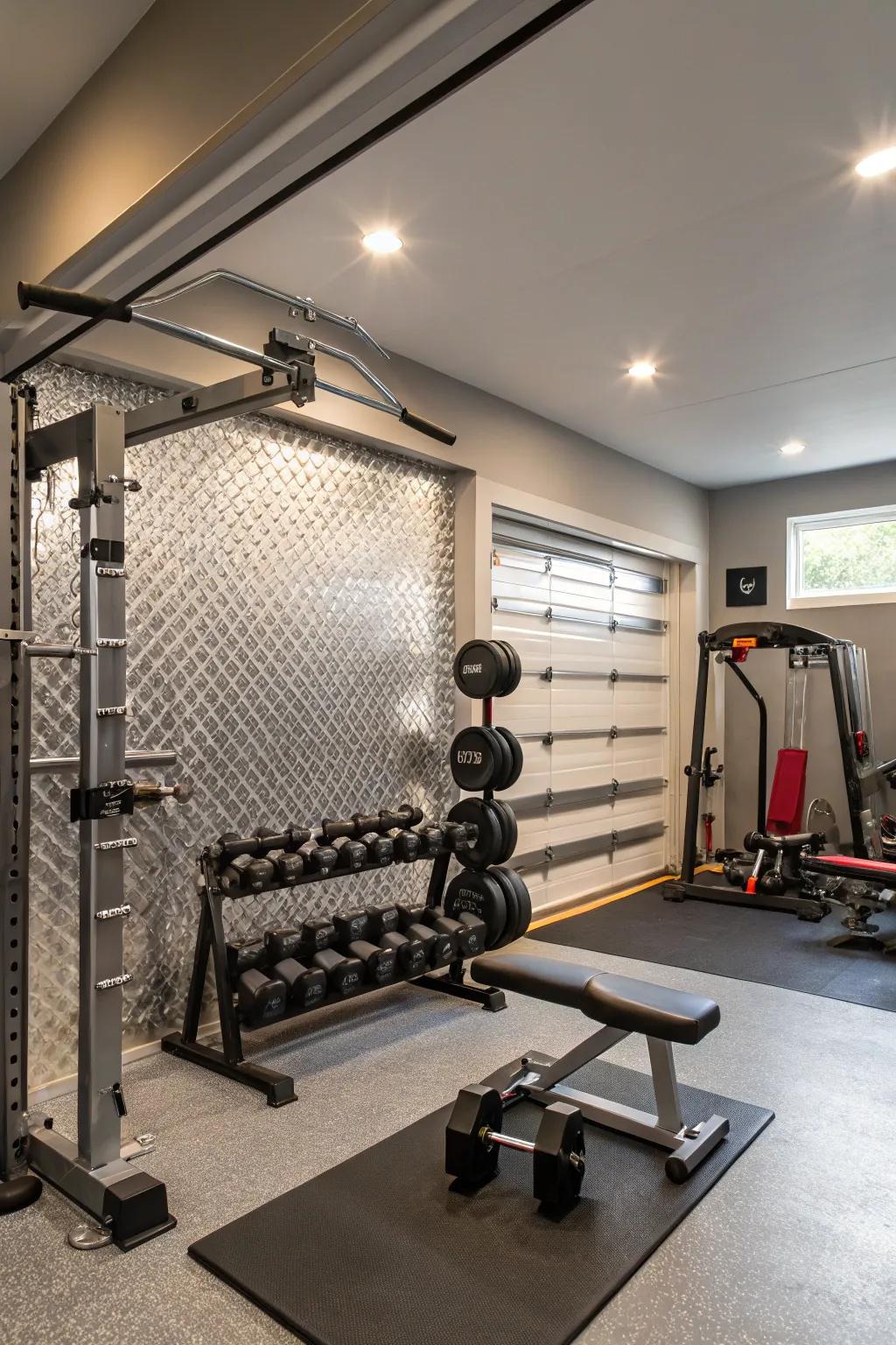 Metallic accents add a luxurious touch to your workout space.