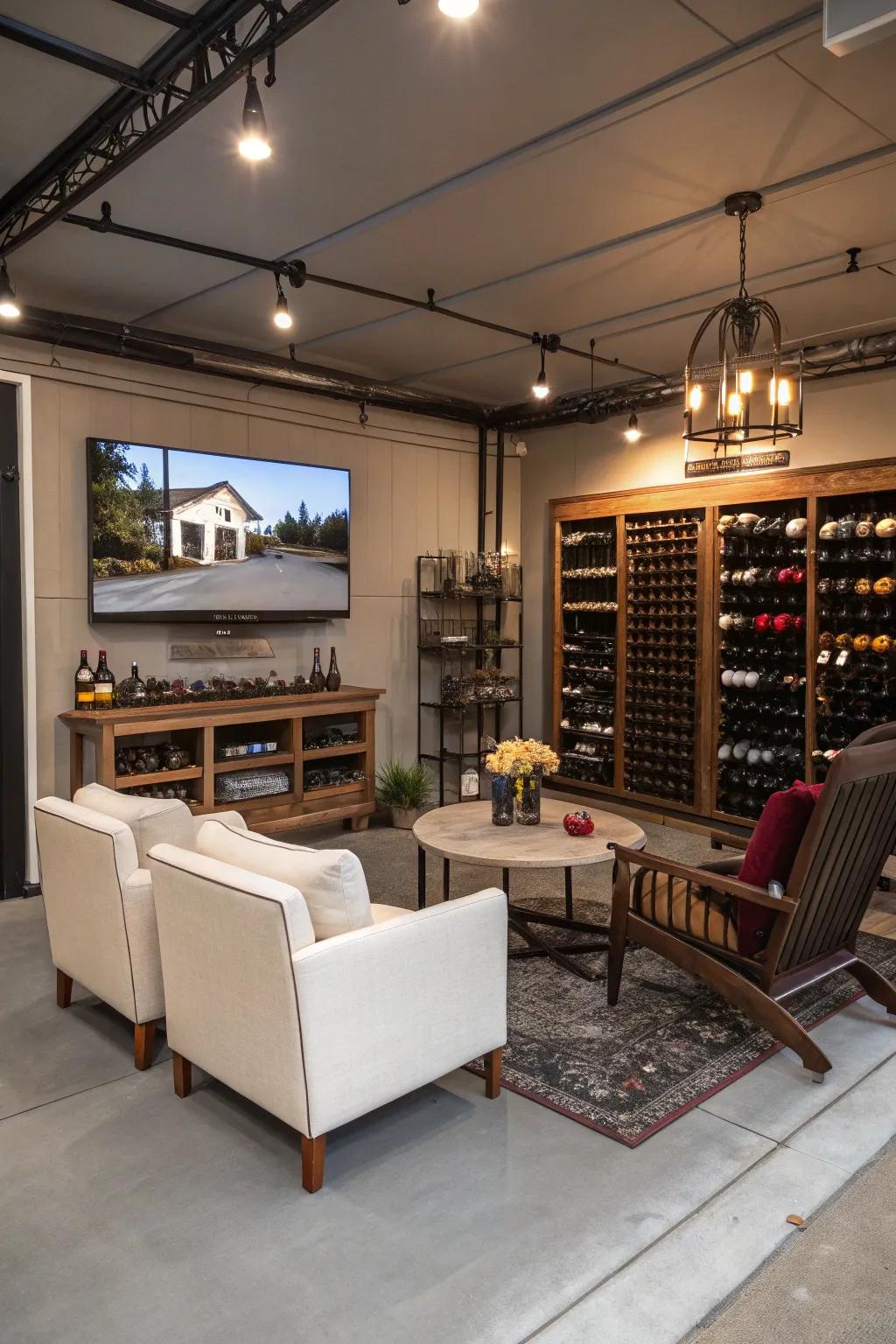 Enjoy a wine tasting lounge with a TV setup in your garage.
