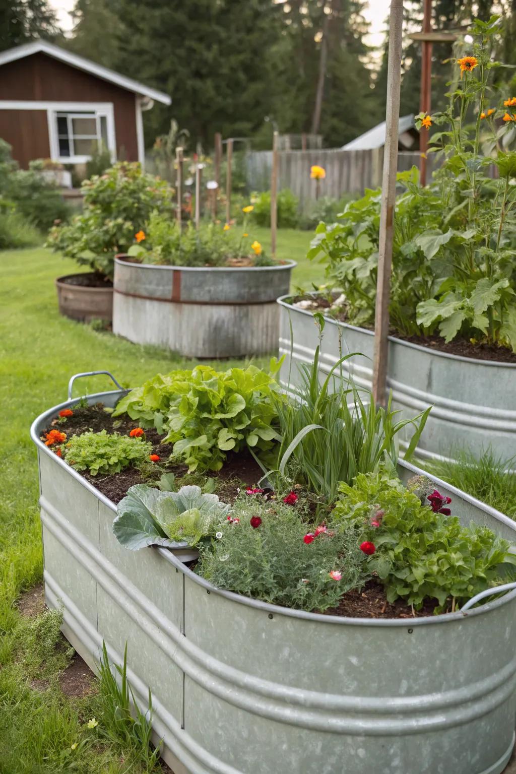 Stock tanks repurposed as elevated garden beds.