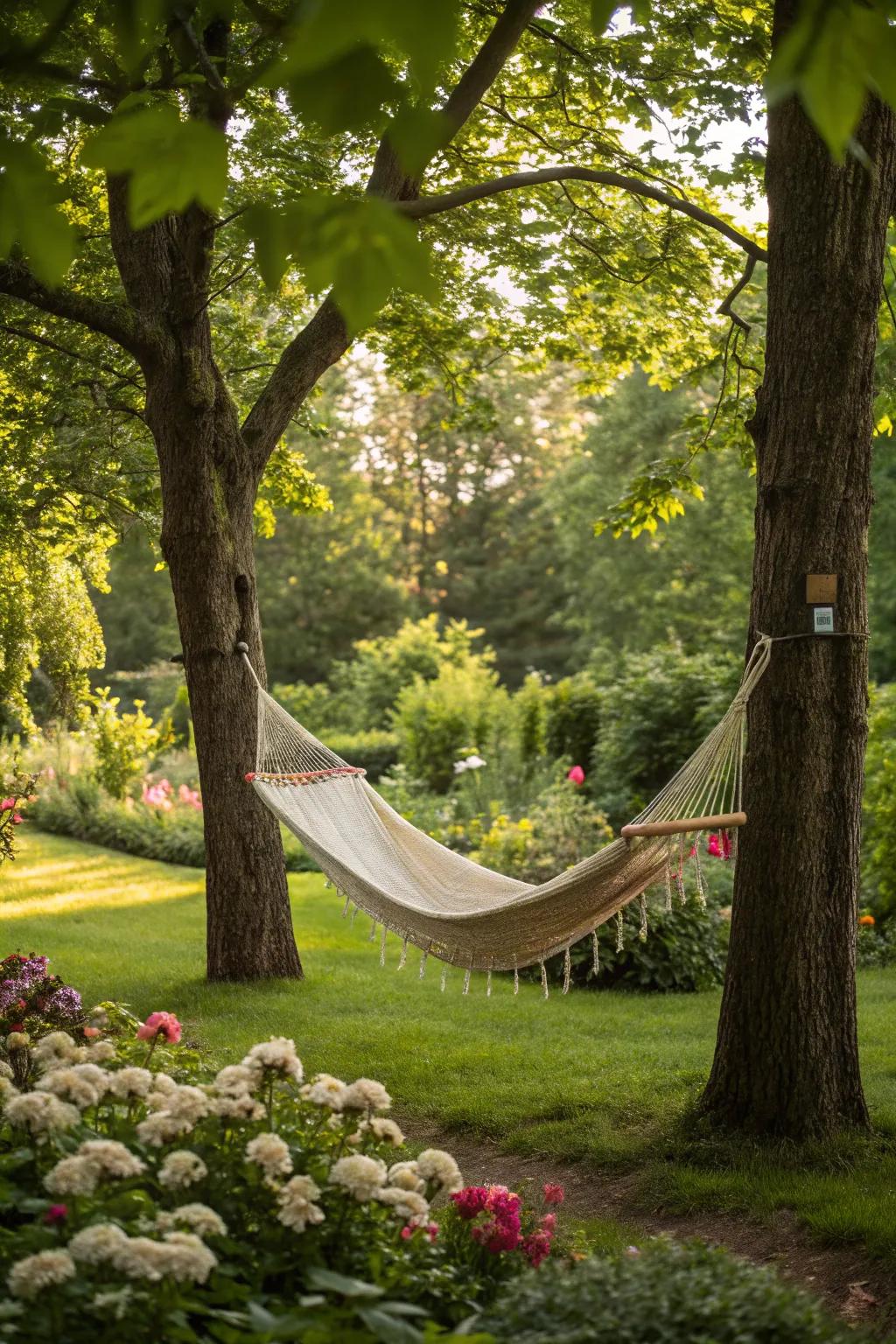 A peaceful hammock hangs between garden trees.