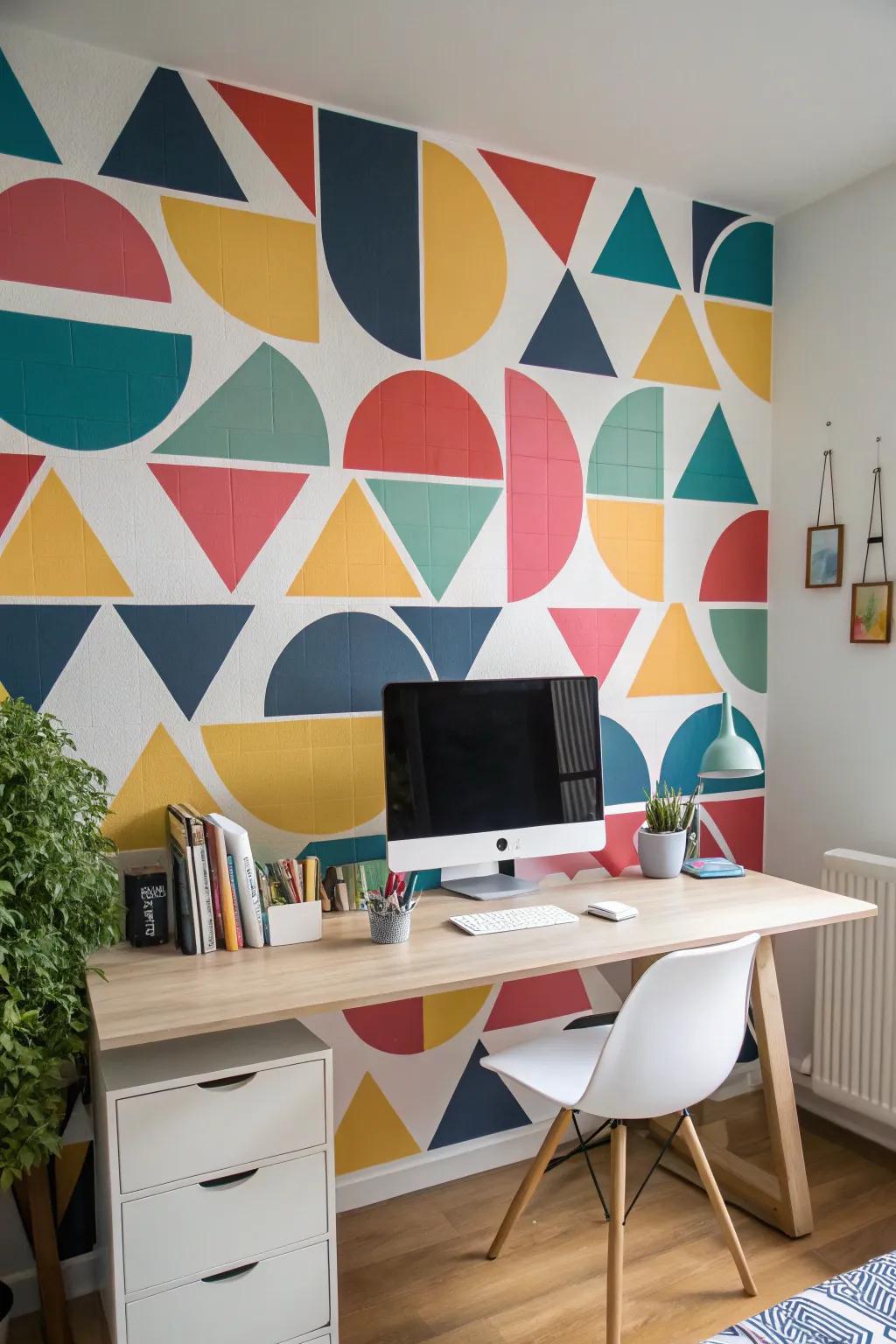A home office featuring a mix of geometric shapes on the wall.