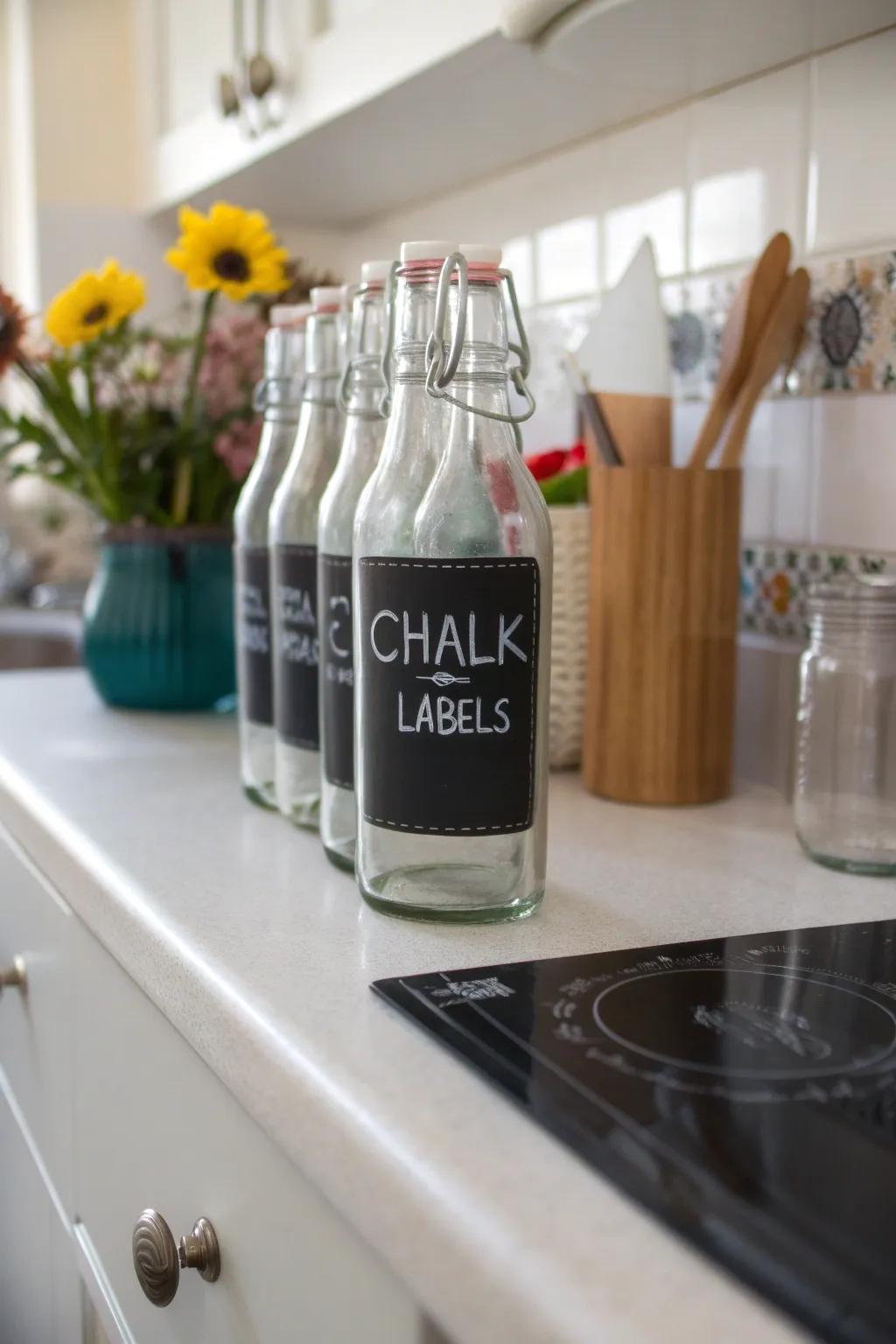 Chalkboard labeled bottles adding stylish organization.