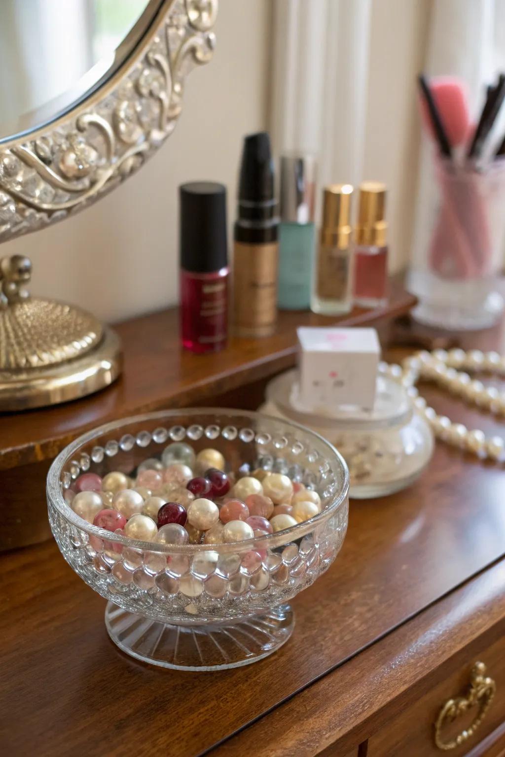 Shimmering beauty with glass beads in a glass bowl.