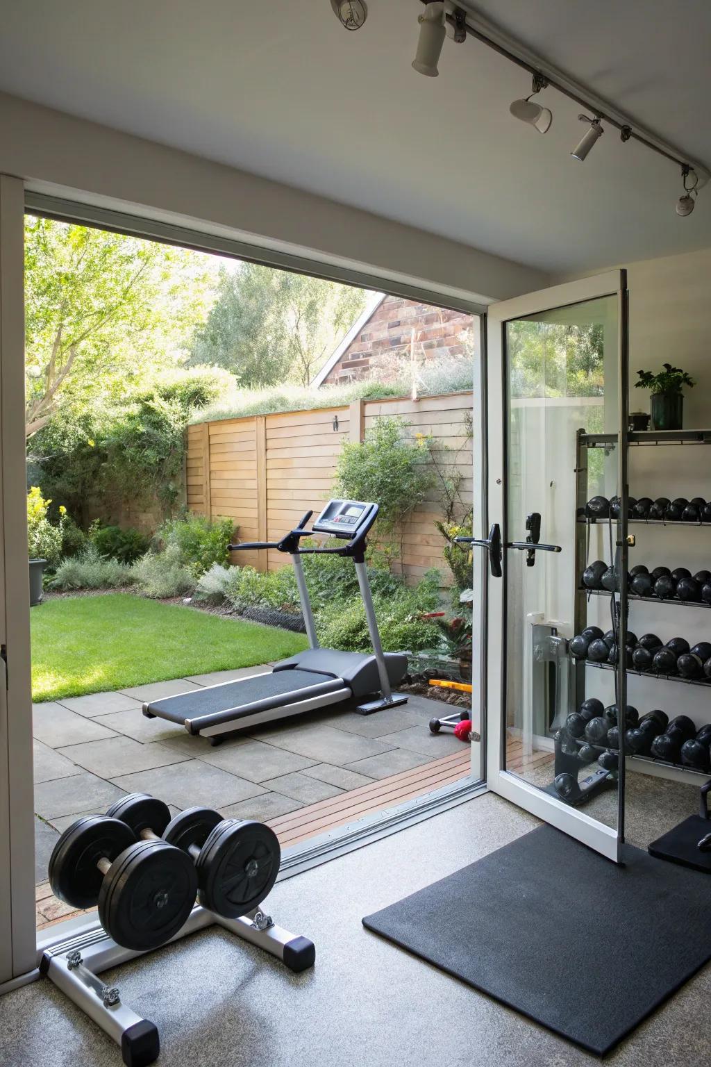 A home gym enhanced by the openness of a glass garage door.