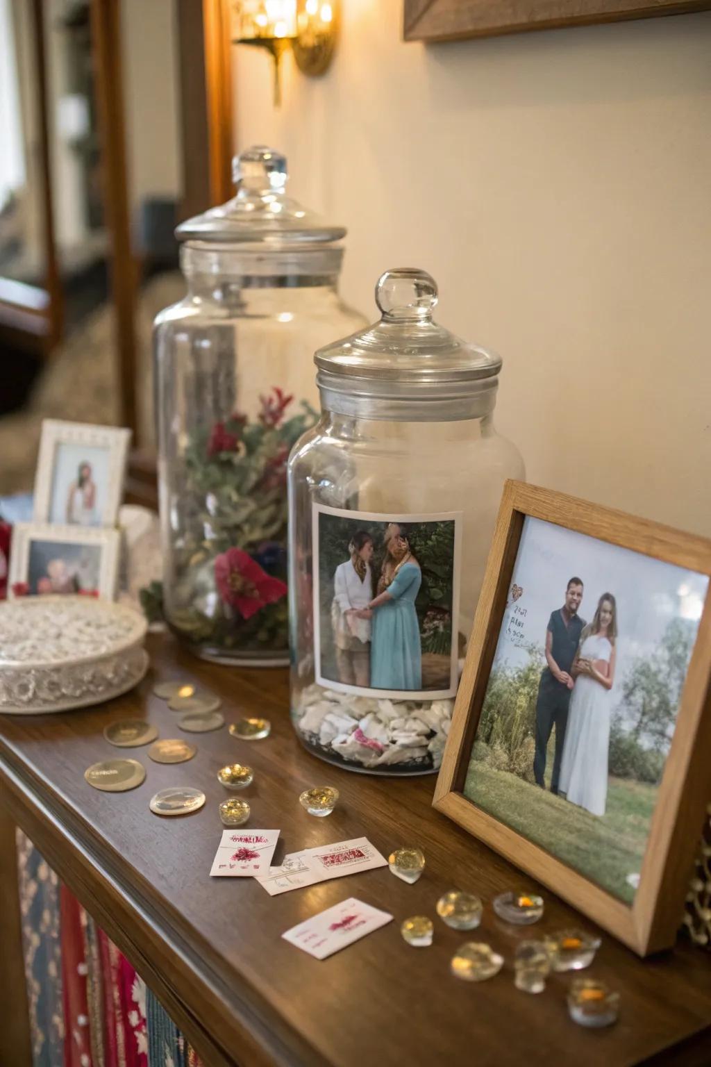 Photograph filled containers deliver a distinctive and personal ornamental element.