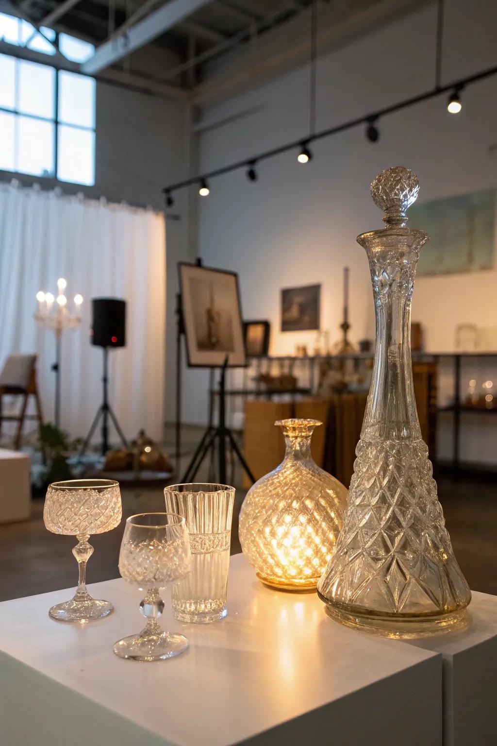 Backlighting making a dramatic impression on glassware inside an art space.