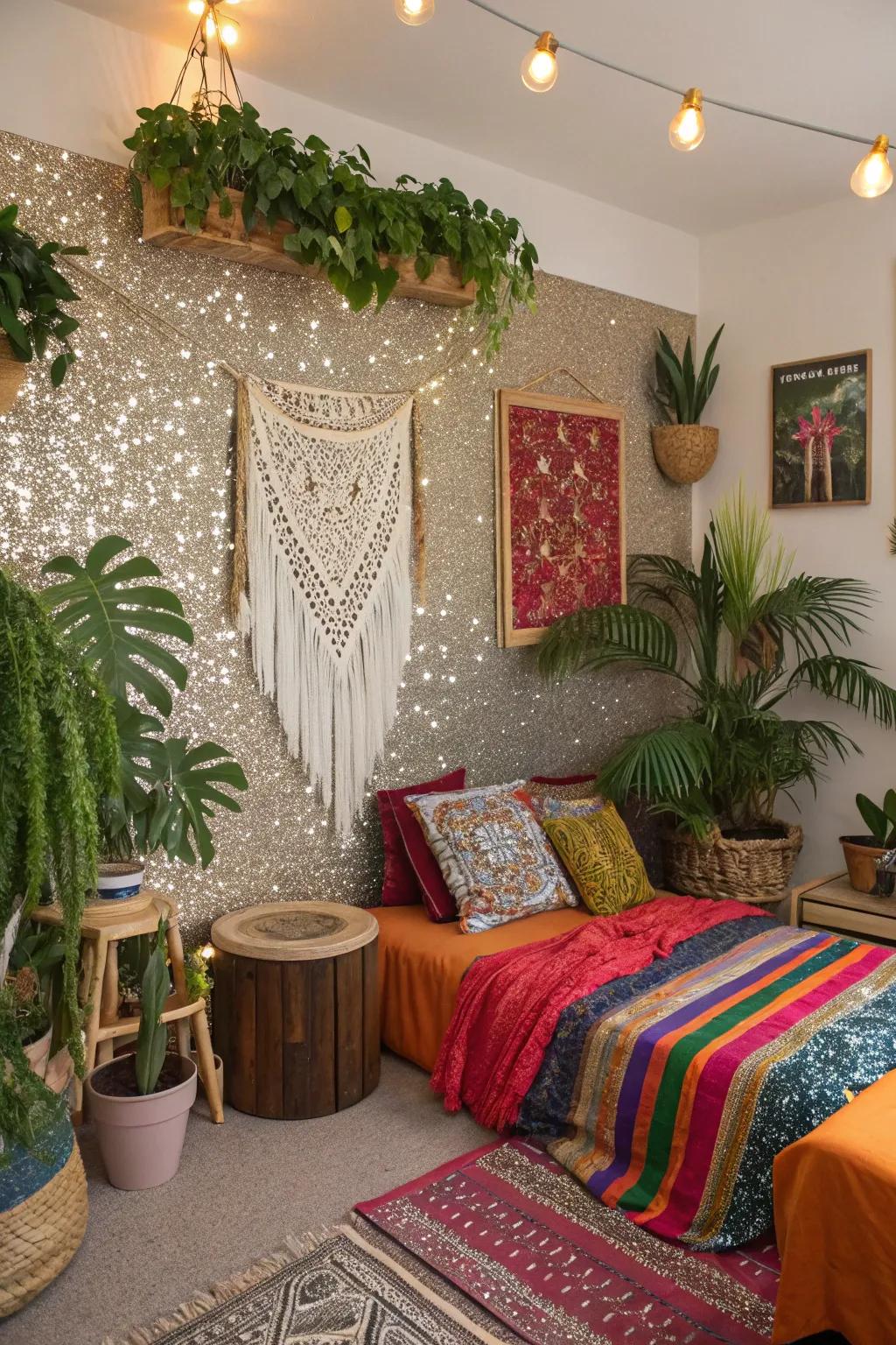 A shimmer accent wall adds to an eclectic boho vibe.
