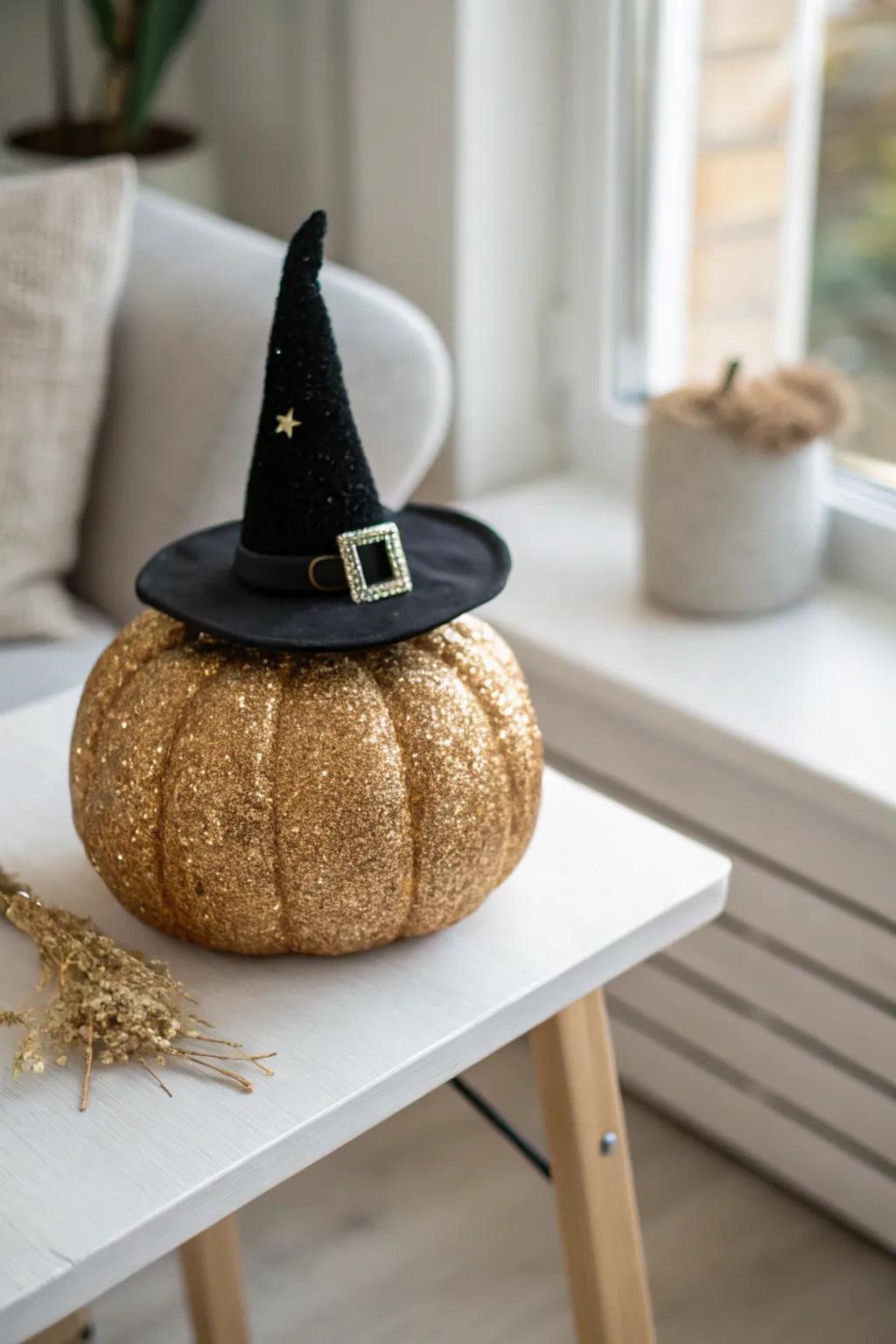 Add a sprinkle of magic to your decor with this enchanting glitter pumpkin adorned with a whimsical witch's hat, perfect for a chic Halloween vibe.
