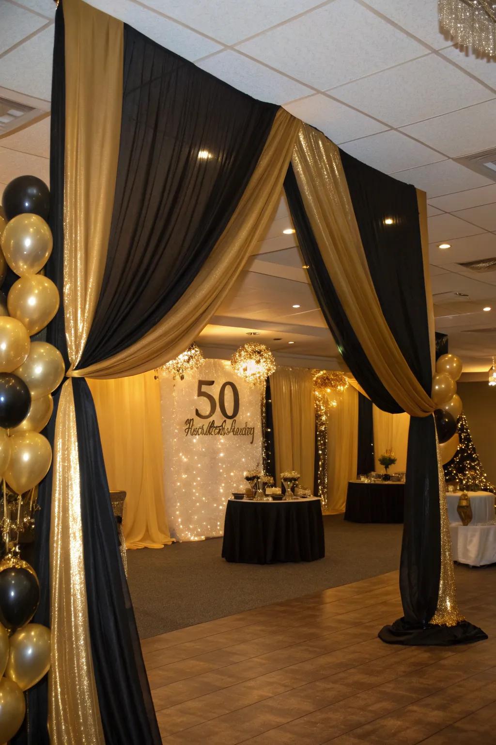 Drapery in gold and charcoal inject refinement and drama into the venue.