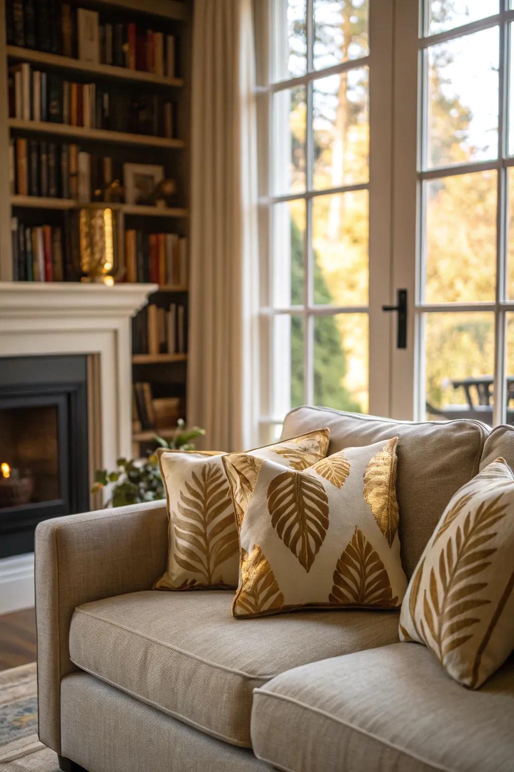 Infuse your sofa with a whisper of luxury using throw pillows embellished with gold leaf.
