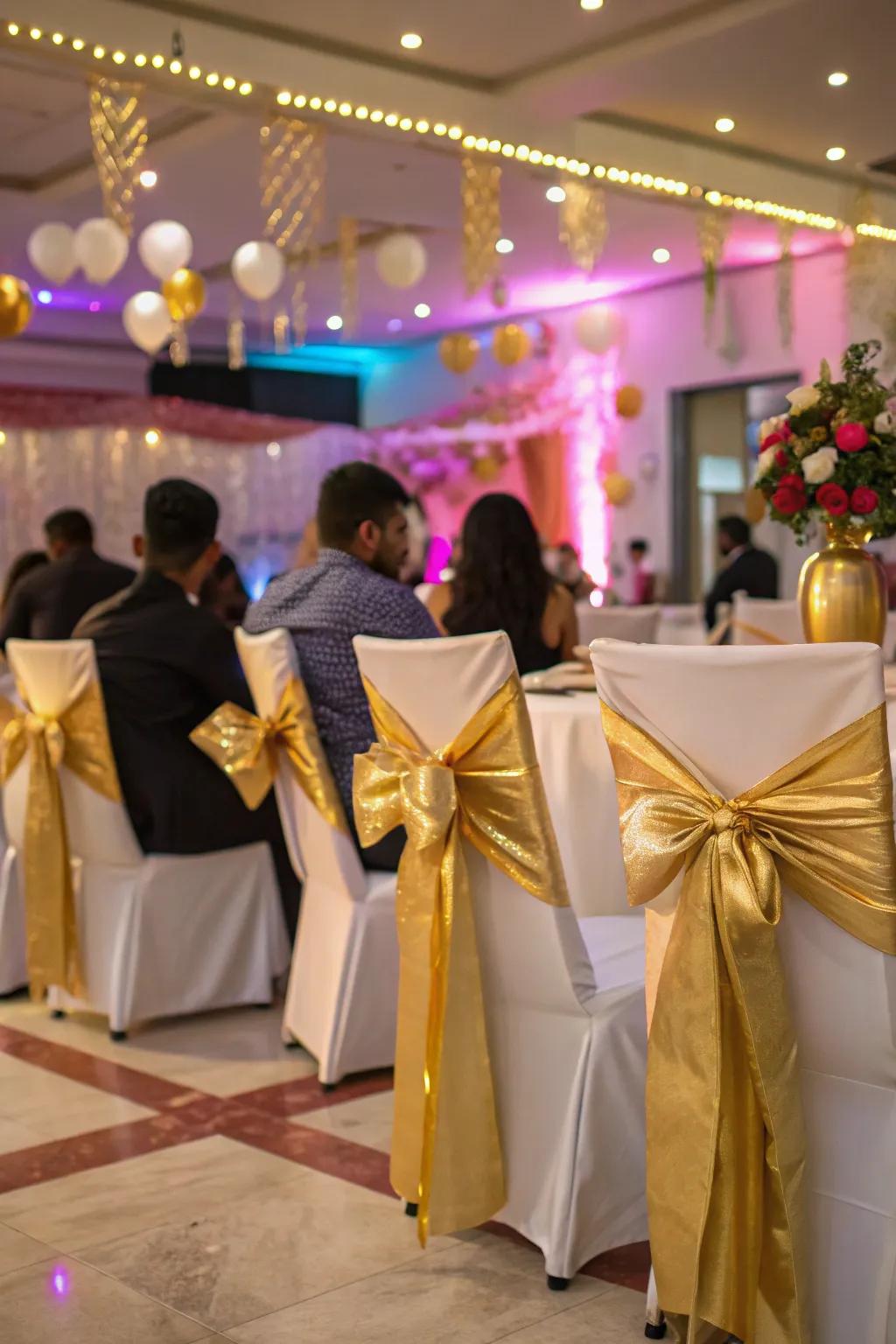 Ribbons in gold are an elegant addition to party decor.