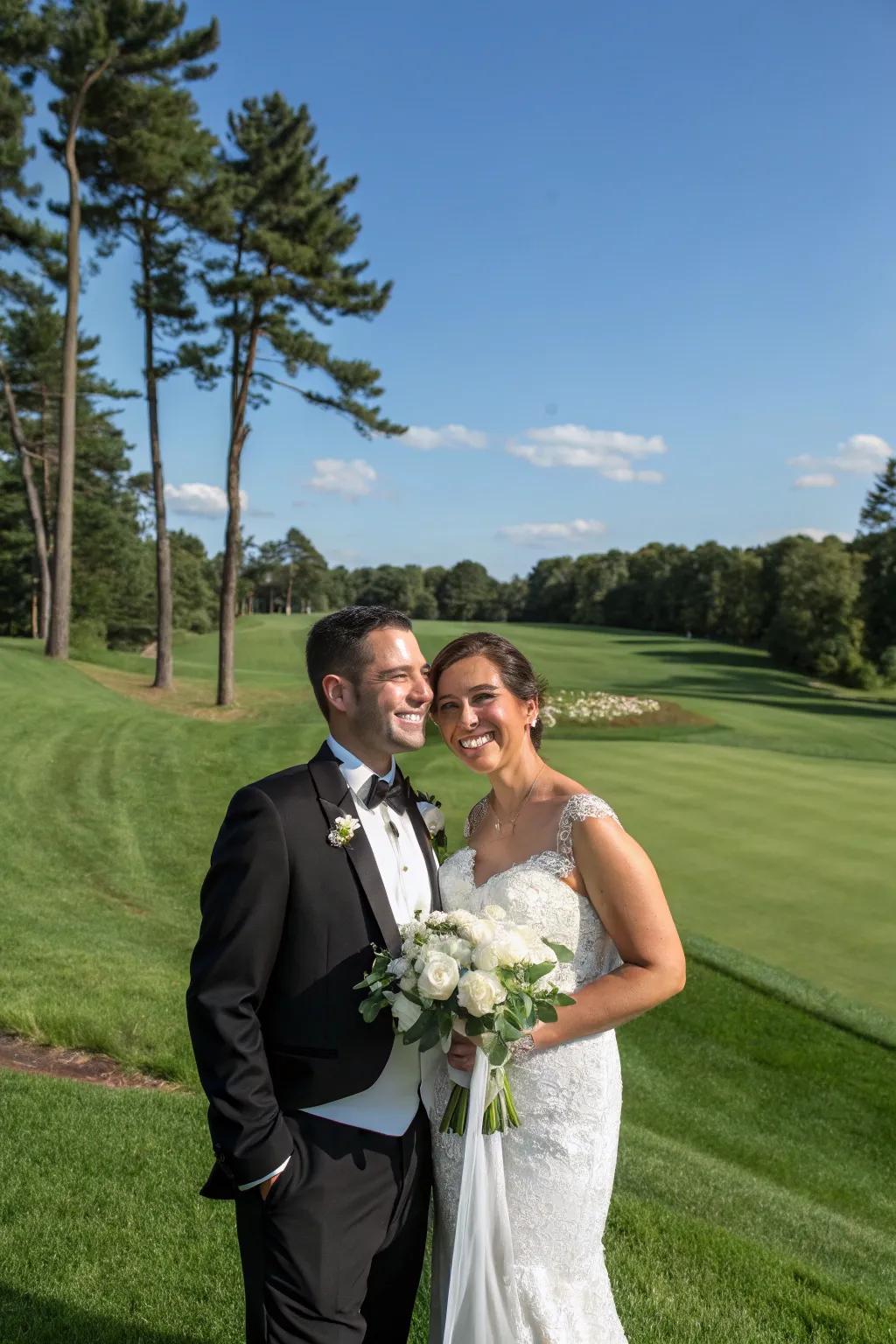 A couple poses for wedding photographs on a beautiful golf course.