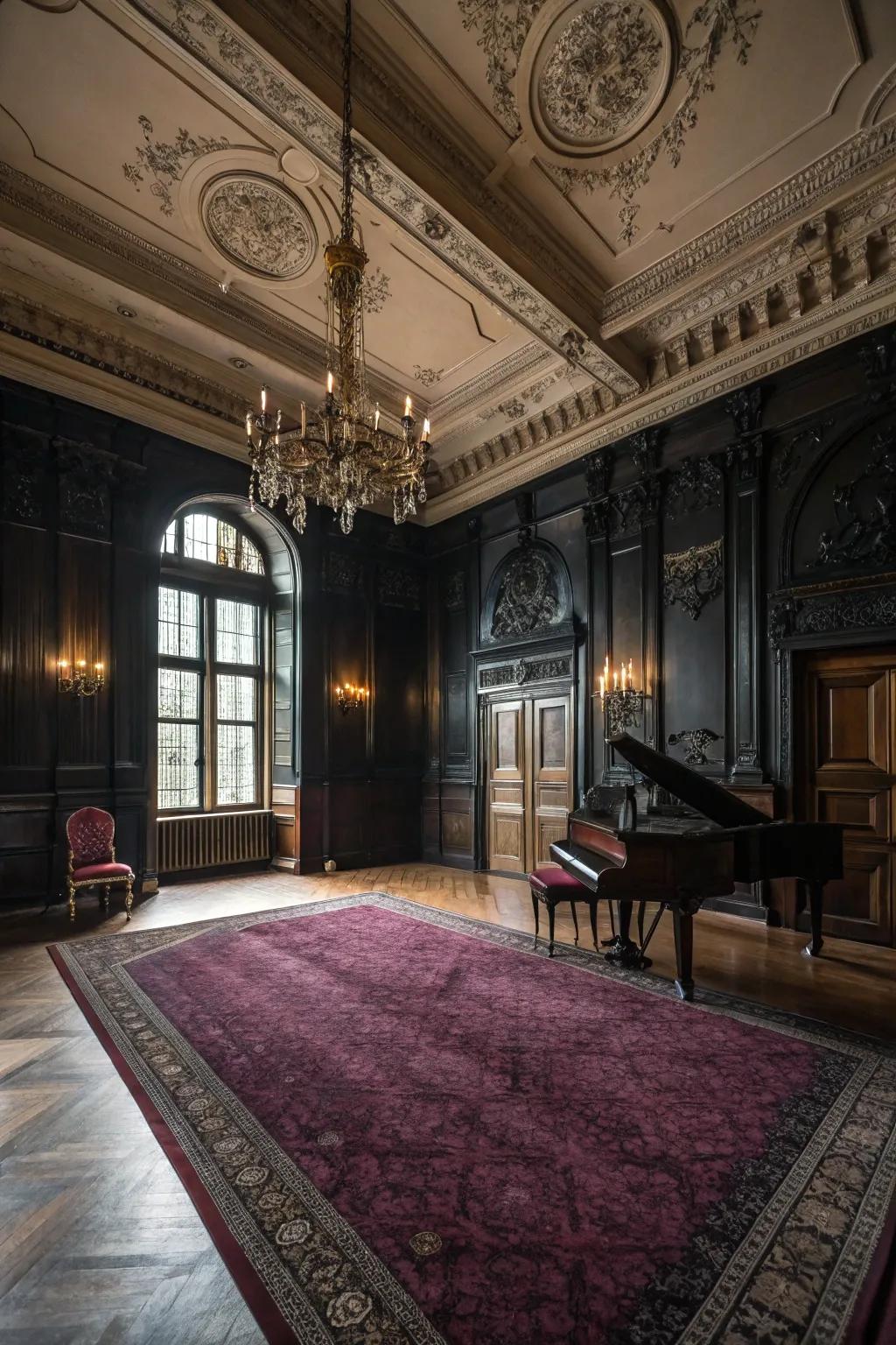 Opulent rugs that anchor a gothic space.