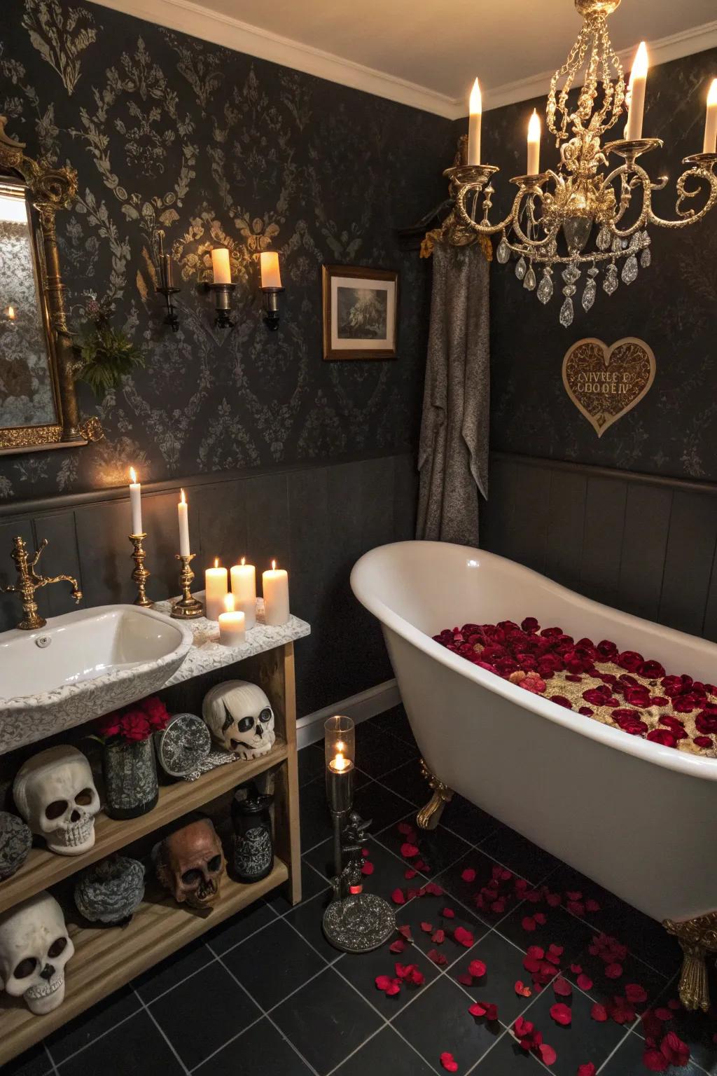 Gothic accessories add personality and style to the bathroom.