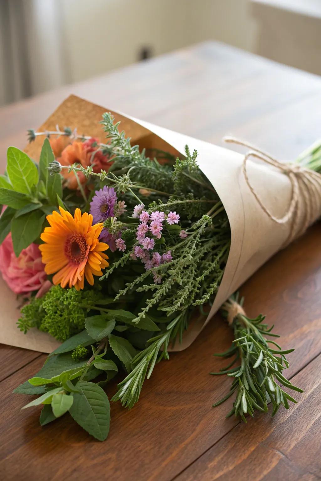 A refreshing herb and blossom arrangement for a fragrant celebration.