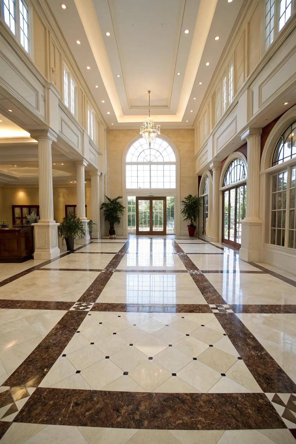 Dual-tone segments fabricate a dynamic and stylish floor in a majestic entryway.