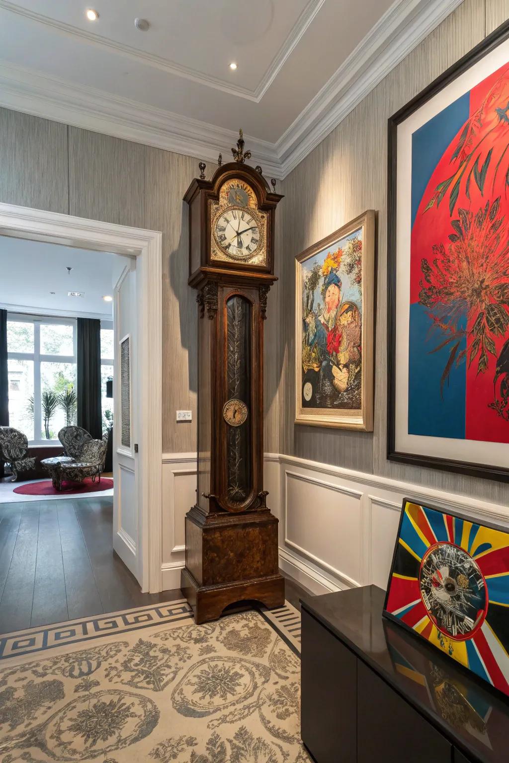 A longcase clock becomes an artwork with modern art additions.