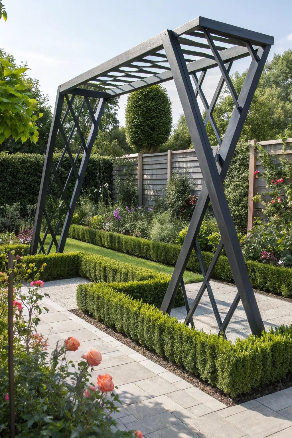 Patterned frameworks provide a modern and artistic garden element.