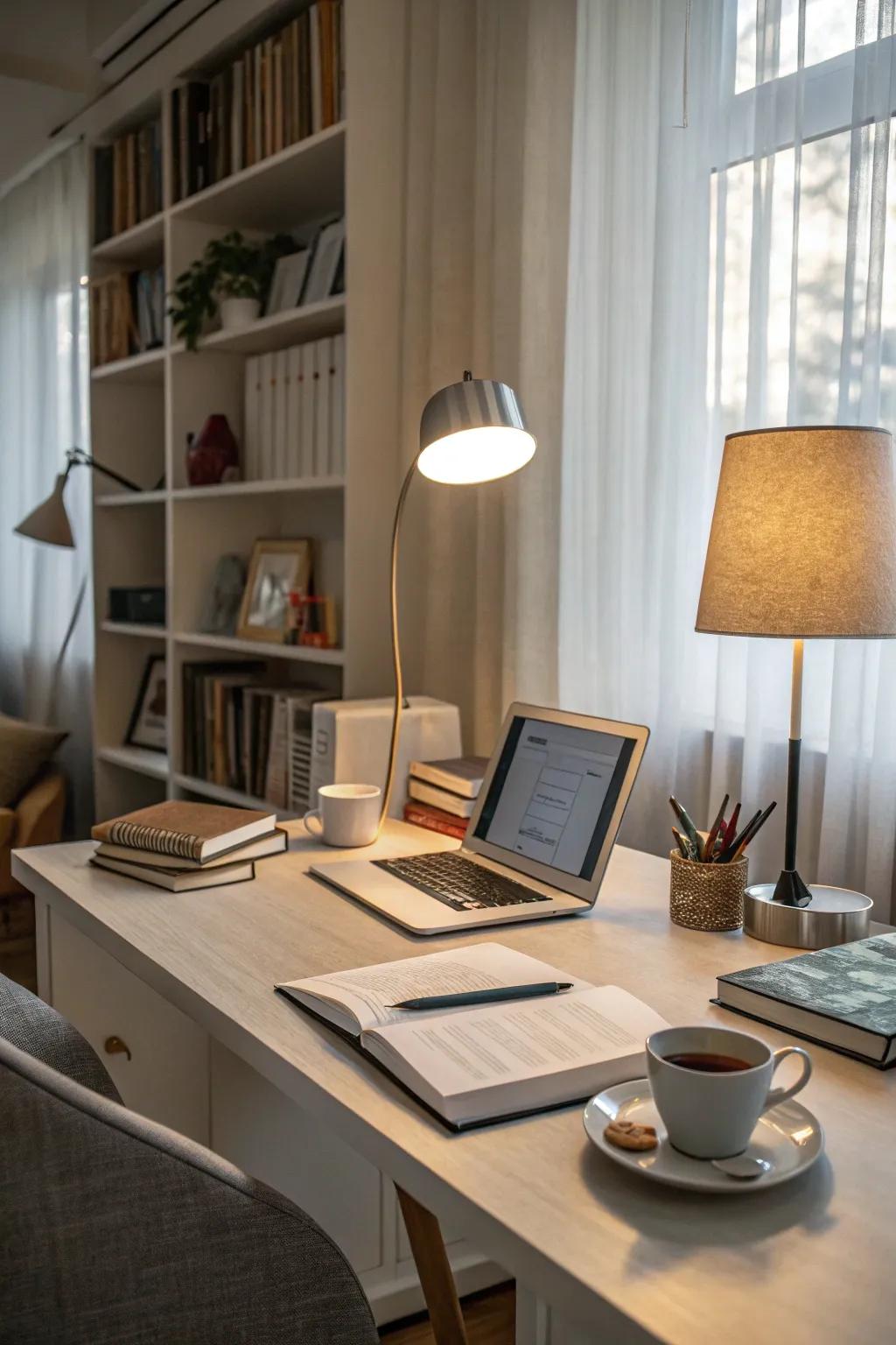 Adjustable lighting allows for a perfectly tailored workspace ambiance.