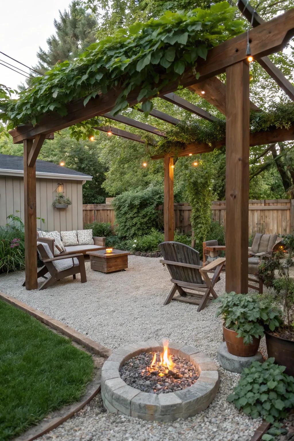 A pergola adds structure and style to your fire pit setup.