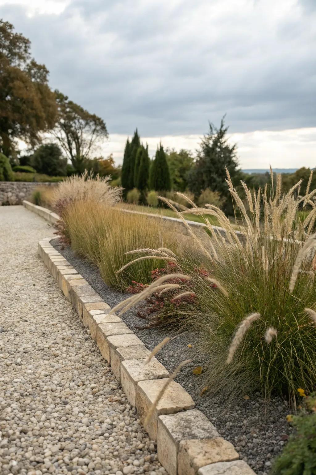 A textured pebble garden bed showcasing ornamental grasses