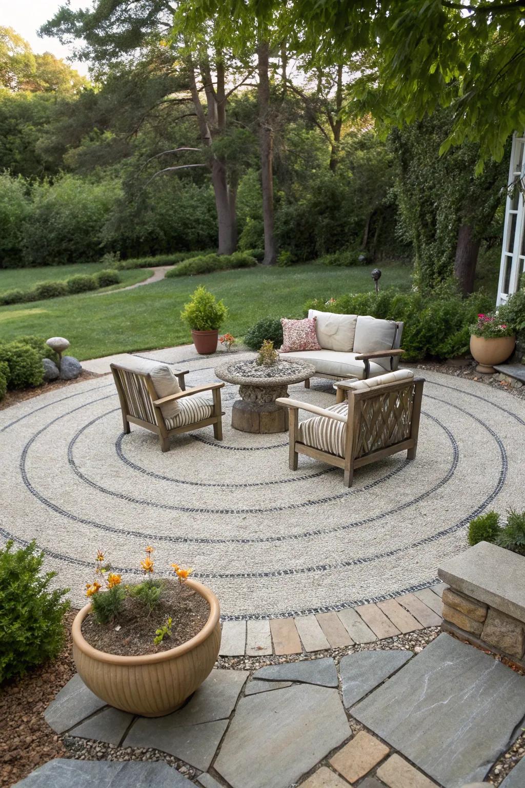 A gravel patio using a distinctive circular design, ideal for gatherings.