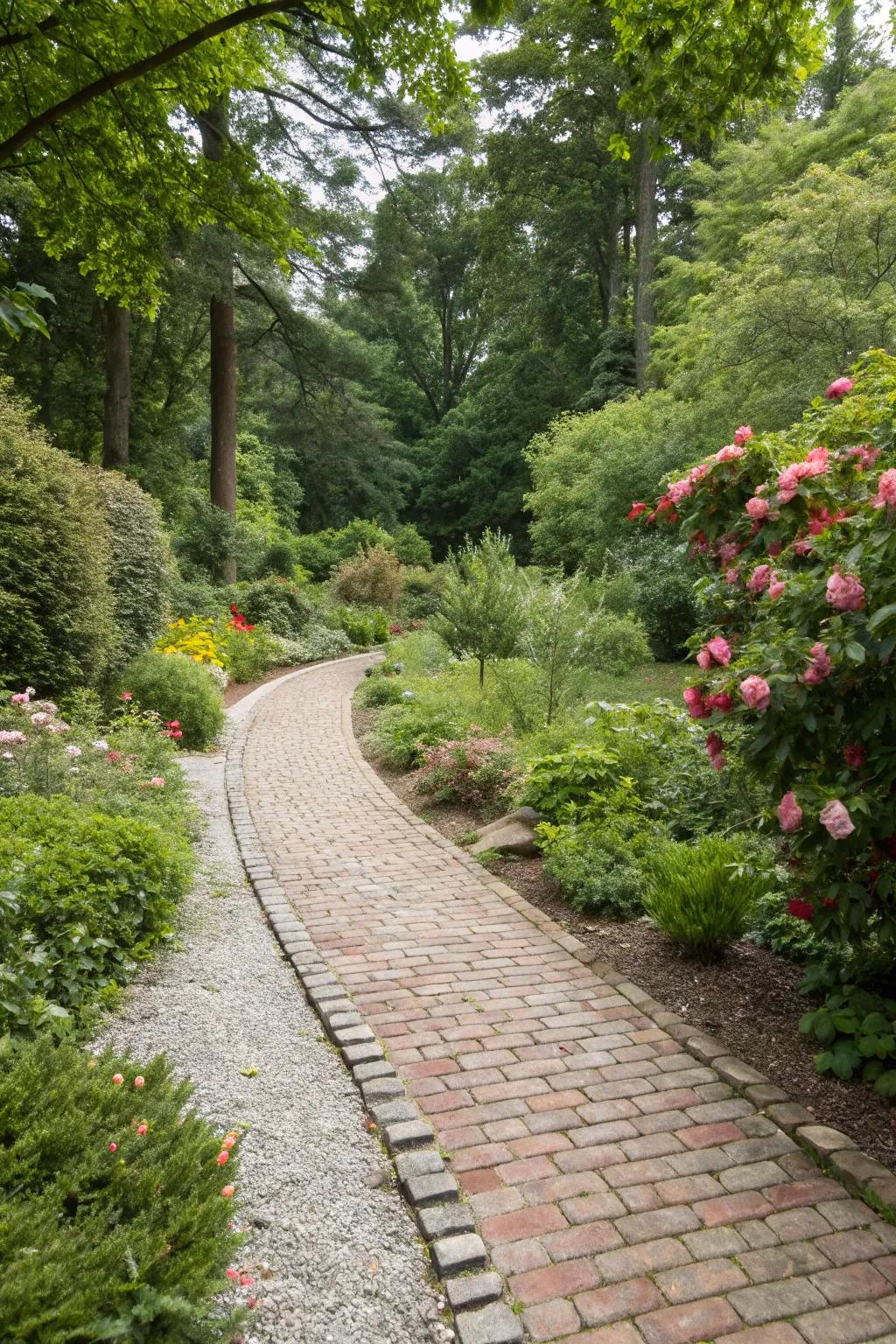 A classic walkway made with a combination of gravel and brick.
