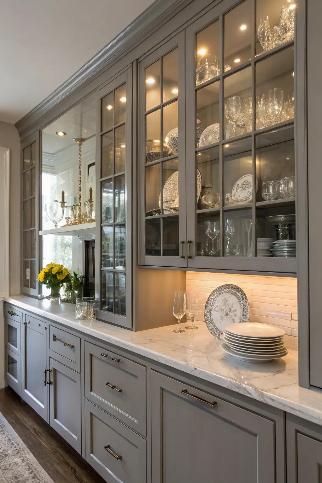 Gray cabinets are made more open and fashionable by the addition of glass-front cabinets.