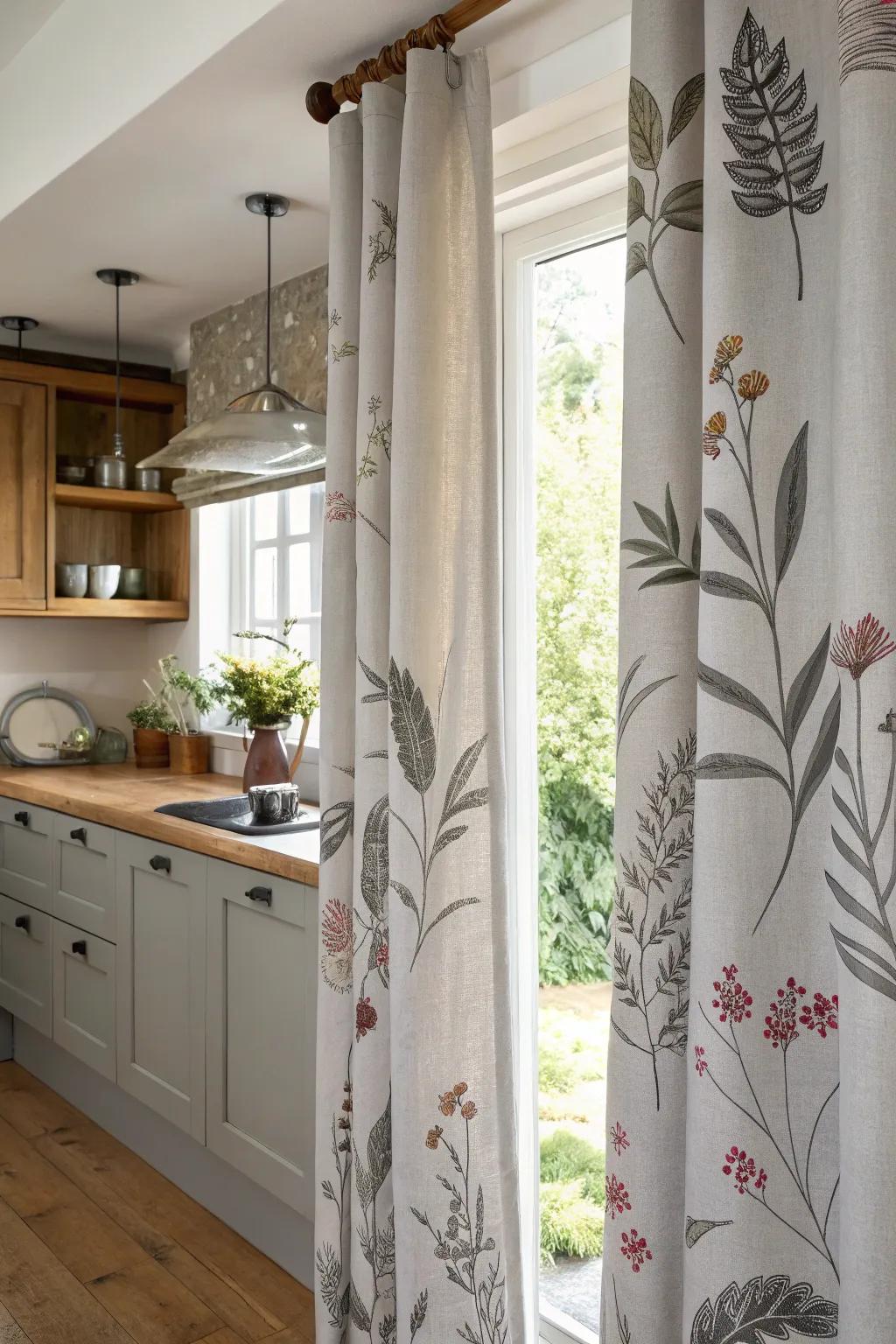 Nature-motivated prints on gray drapes for a soothing kitchen ambiance.