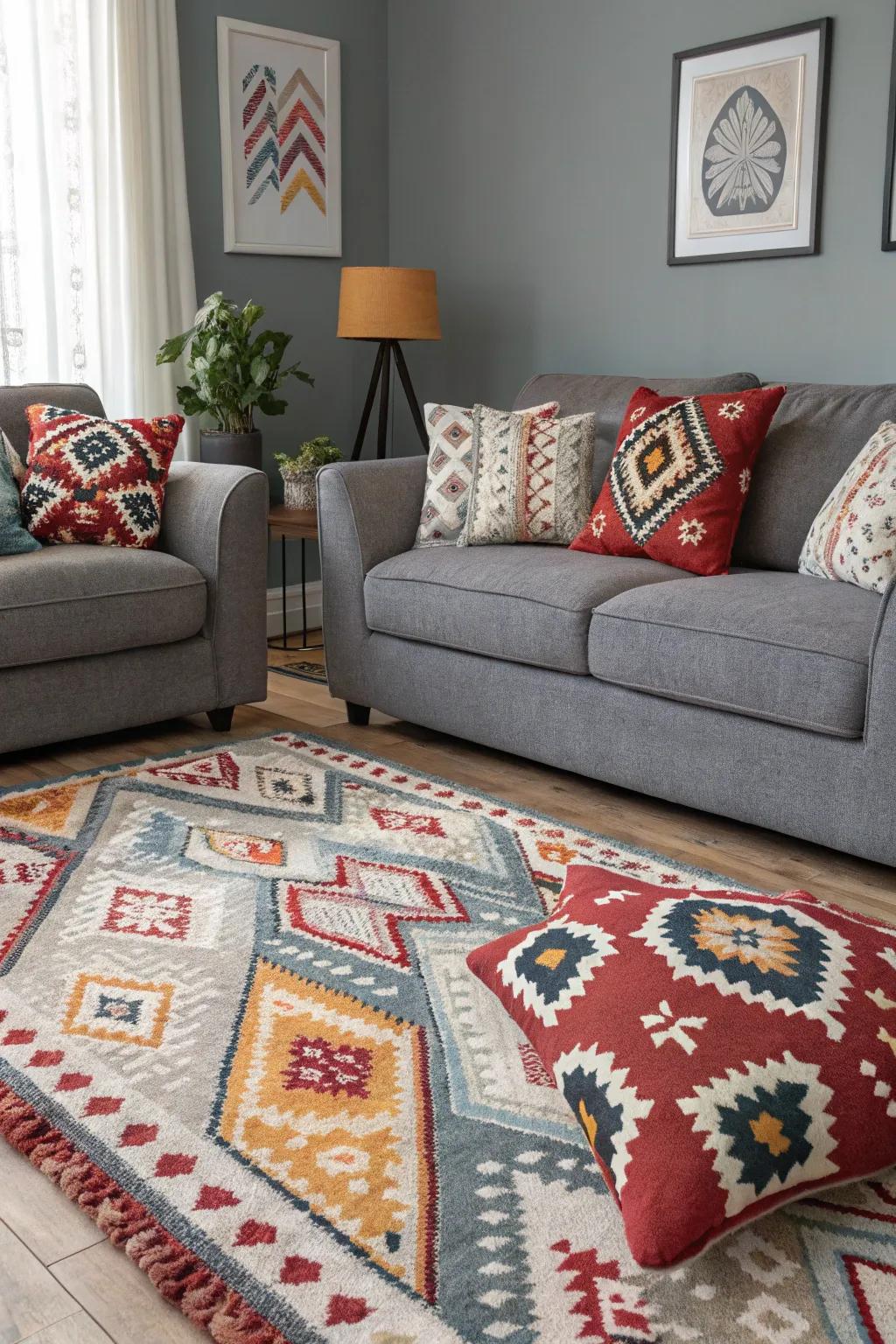 Gray rooms get a playful touch from bold patterns.