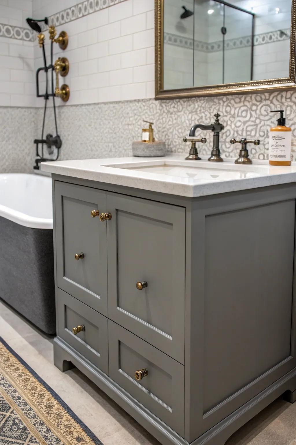 A personalized lavatory with a gray stand and unique fixtures.