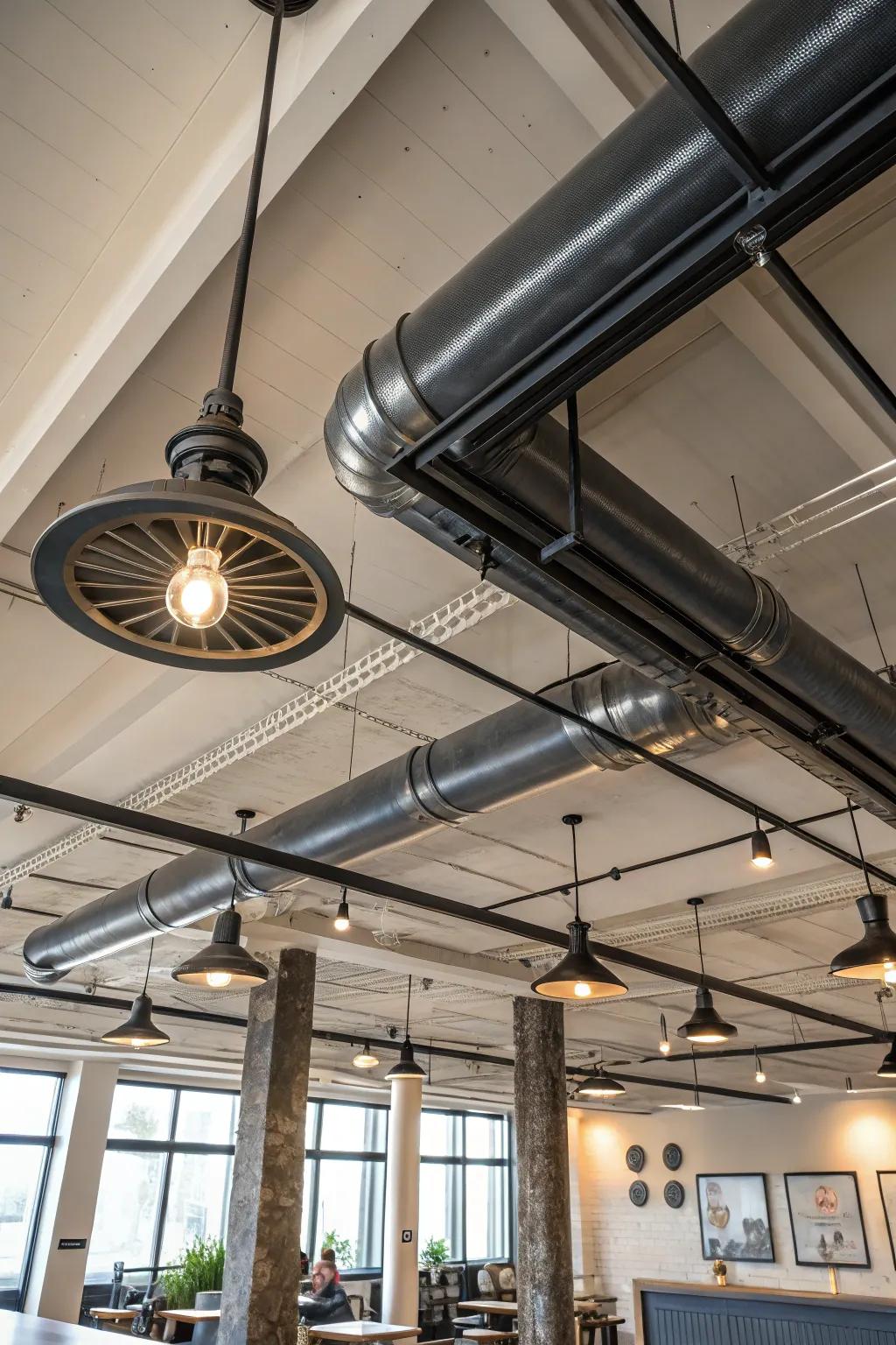 Metallic embellishments impart an industrial edge to ceiling designs.